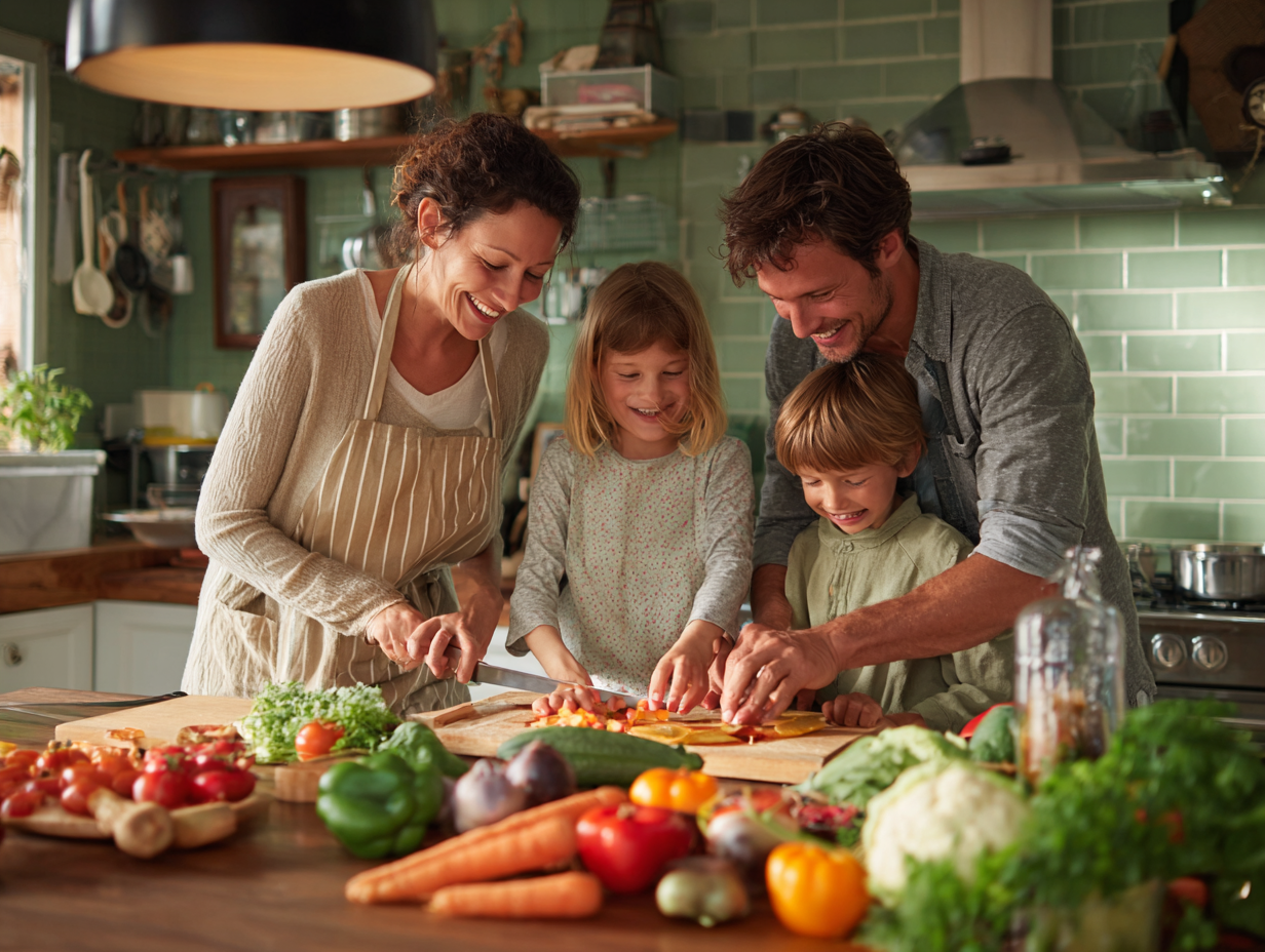 Сім'я готує здорову їжу разом на кухні з свіжими овочами та фруктами